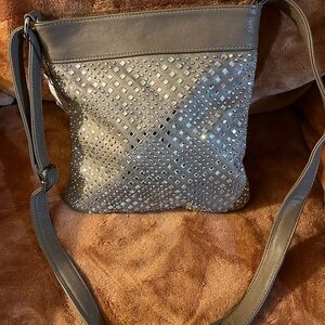 Studded Gray Faux Leather Shoulder Bag